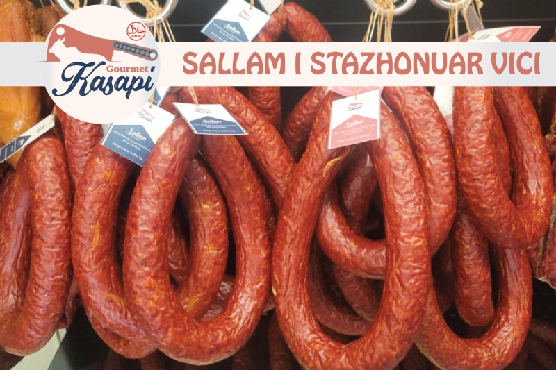 Sallam i Stazhonuar nga Kasapi Gurmet, sallam artizanal, sallam i pjekur, sallam tradicional, mish i stazhonuar, produkte sallami, sallam i shijshem, sallam shqiptar, sallam i cilesise se larte, Suxhuk i stazhonuar